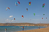 Kite surfing at Prasonisi beach, Prasonisi peninsula, Rhodes, Dodecanese Islands, Greece, Europe