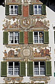 Germany Bavaria Oberammergau Painted building facade with windows and shutters luftmaileri decorated Hansl and Gretl Heim Hansel and Gretel House