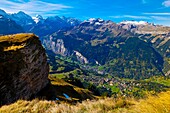 View down to Wengen from Mannlichen, Swiss Alps, Canton Bern, Switzerland
