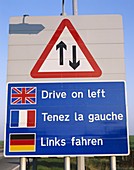 England, Kent, Multi Lingual Keep Left Road Sign, . England, United Kingdom, Great Britain, Holiday, Keep, Kent, Landmark, Left, Lingual, Multi, Road, Sign, Tourism, Travel, Vacati
