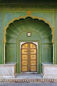 India, Rajasthan, Jaipur, City Palace, Pitam Niwas Chowk courtyard, Green Gate, also called Leheriya gate, suggestive of spring  In this palace courtyard four small gates are adorned with themes representing the four seasons