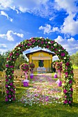 The wedding venue with a flower arch and a petal path