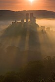 Corfe Castle back lit by the sun causing long shadows to appear as it rises out of the mist at dawn Purbeck Dorset