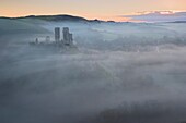 Corfe Castle in the Mist at Dawn Purbeck Dorset