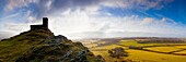 Panoramic shot of The Church of St Micheal de Rupe, Brentor Dartmoor National Park, Devon England UK