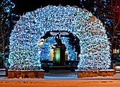 Jackson, elk antler arches with lights at the Town Square in the city of Jackson in northern Wyoming