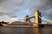 England, London, Tower Bridge and Cruise Boat