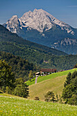 Untersalzberg from Rossfeldstrasse, Watzmann mountain in the background, Berchtesgadener Land, Upper Bavaria, Bavaria, Germany