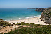 Cove between cliffs with beach, Cabo de Sao Vicente, Atlantic Ocean, Algarve, Portugal, Europe