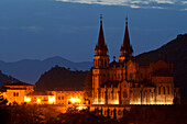 Basilica de Santa Maria la Real in the evening, Basilica from 19th. century, Covadonga, Picos de Europa, province of Asturias, Principality of Asturias, Northern Spain, Spain, Europe