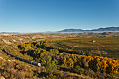 railway line along Ebro river, Rio Ebro, vinyards, near Haro, autumn, La Rioja, Northern Spain, Spain, Europe