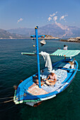 Mobile pancake bakery on a boat, lycian coast, Lycia, Mediterranean Sea, Turkey, Asia