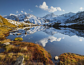 Mountain reflection in a lake, Nameless Lake, Großer Troegler, Wilder Pfaff, Zuckerhuetl, Aperer Pfaff, Schaufelspitze, Stubaier Wildspitze, Mutterbergalm, Stubaier Alpen, Tyrol, Austria