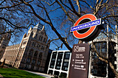 Tube sign along the Natural History Museum, Cromwell Road, Kensington, London, England, Great Britain