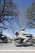 Motorradtouren um Garmisch, Motorradfahrer fahren an Kreuz vorbei, Allee nördlich Benediktbeuern, Bayern, Deutschland