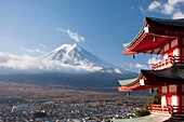 Japan, Fujiyoshida City, Churieto Pagoda and Mount Fuji.