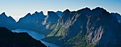 View of Kjerkfjorden and mountains from Reinebringen peak, Lofoten islands, Norway