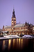townhall and inner Alster at night in winter, Hamburg, Germany
