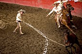 Mexican Charros lasso a horse at a charreria competition in Mexico City. Male rodeo competitors are ´Charros, ´ from which comes the word ´Charreria ´ Charreria is Mexico´s national sport