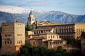 The Alhambra of Granada sits near the Sierra Nevada mountains in Andalusia, Spain.