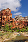 Blick auf Angel´s Landing und Virgin River, Zion Nationalpark, Utah, Südwesten, USA, Amerika