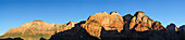 Panorama of Zion National Park with view onto West Temple, Altar of Sacrifice, Streaked Wall and Sentinel, Zion National Park, Utah, Southwest, USA, America