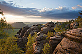 View from Pfaffenstein Rock onto Koenigstein castle in the evening light, National Park Saxon Switzerland, Elbe Sandstone Mountains, Saxony, Germany, Europe