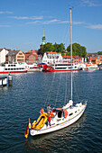 Sailing boat at harbour, Kappeln, Schlei fjord, Baltic Sea, Schleswig-Holstein,  Germany, Europe