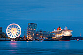 Cruise ship Queen Mary 2 at harbour at night, Hamburg Cruise Center Hafen City, Hamburg, Germany, Europe