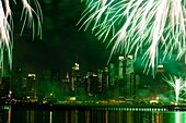 New York - United States, fireworks on Hudson river Manhattan skyline Midtown, Times square buildings