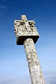 France, Brittany, Carnac, Tumulus Saint Michel, close up of the carved cross of Christ
