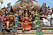 Asia, Southeast Asia, Singapore, Sri Mariamman Hindu temple, close-up of colored statuettes