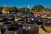 'Myanmar (Burma), Mandalay State, Bagan (Pagan), Old Bagan, the Ananda festival Market not far from Ananda Pagoda, clay jars (''Sinc Oe'')'