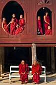 Myanmar (Burma), Shan State, Shwe Yan Pye, Shwe Yan Pye monastery, bonzes like to look at the oval windows of the temple as the monks U Taw Na and U Thumana talk together