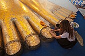 Thailand,Bangkok,Wat Intharawihan,Girl Making Offerings at Foot of Giant Buddha Statue