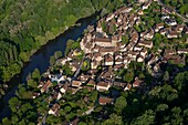 France, Lot (46), Village Carennac labeled the Most Beautiful Villages of France, Cluniac priory (eleventh century), medieval village (aerial view)