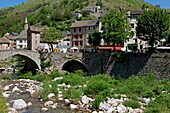 France, Lozère (48), Pont-de-Montvert, tourist village at the foot of Mount Lozere, and the Tarn River, the bridge Montvert fortified historic monument