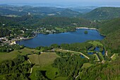 France, Puy de Dome (63), Lake Chambon, Monts Dore Massif, Regional Natural Park of Auvergne Volcanoes (aerial view)