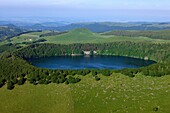 France, Puy de Dome (63), Lake Pavin, the deepest crater lake in Auvergne, Massif des Monts Dore, Regional Natural Park of Auvergne Volcanoes (aerial view)