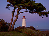 Leuchtturm mit Mond auf dem Dornbusch am Abend, Insel Hiddensee, Nationalpark Vorpommersche Boddenlandschaft, Ostsee, Mecklenburg Vorpommern, Deutschland, Europa
