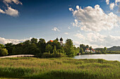 Lake Klostersee and Seeon abbey, Seeon, Chiemgau, Bavaria, Germany