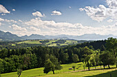 Chiemgau Alps as seen from the Ratzinger Hoehe, Chiemgau, Bavaria, Germany