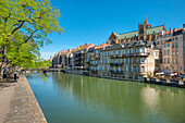 Moselle with cathedral in the sunlight, Metz, Lorraine, France, Europe