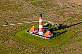 Aerial view of lighthouse at Westerheversand, Eiderstedt Peninsula, Northern Frisia, Schleswig-Holstein, Germany