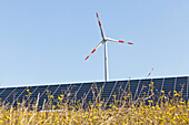 Wind farm and solar field along the A 14 motorway near Bockelwitz, alternative power, Saxony, Germany