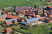 Aerial view of solar panels on village roofs, alternative power, Lower Saxony, Northern Germany