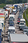 Traffic at a standstill on a German Autobahn, traffic jam, Bavaria, Germany