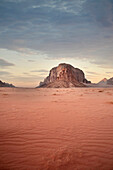 Rock formations at Wadi Rum at sunset, red sand in the desert, Jordan, Middle East, Asia