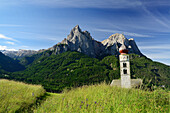 St. Valentin church in front of Schlern, St. Valentin, Seis, Dolomites, UNESCO world heritage site Dolomites, South Tyrol, Italy