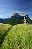 St. Valentin church in front of Schlern, St. Valentin, Seis, Dolomites, UNESCO world heritage site Dolomites, South Tyrol, Italy